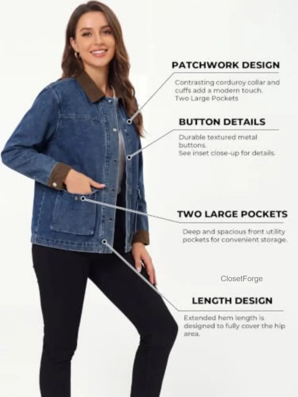 Oversized Y2K Denim Jacket Vintage Relaxed Fit Faux Leather Collar Long Sleeve